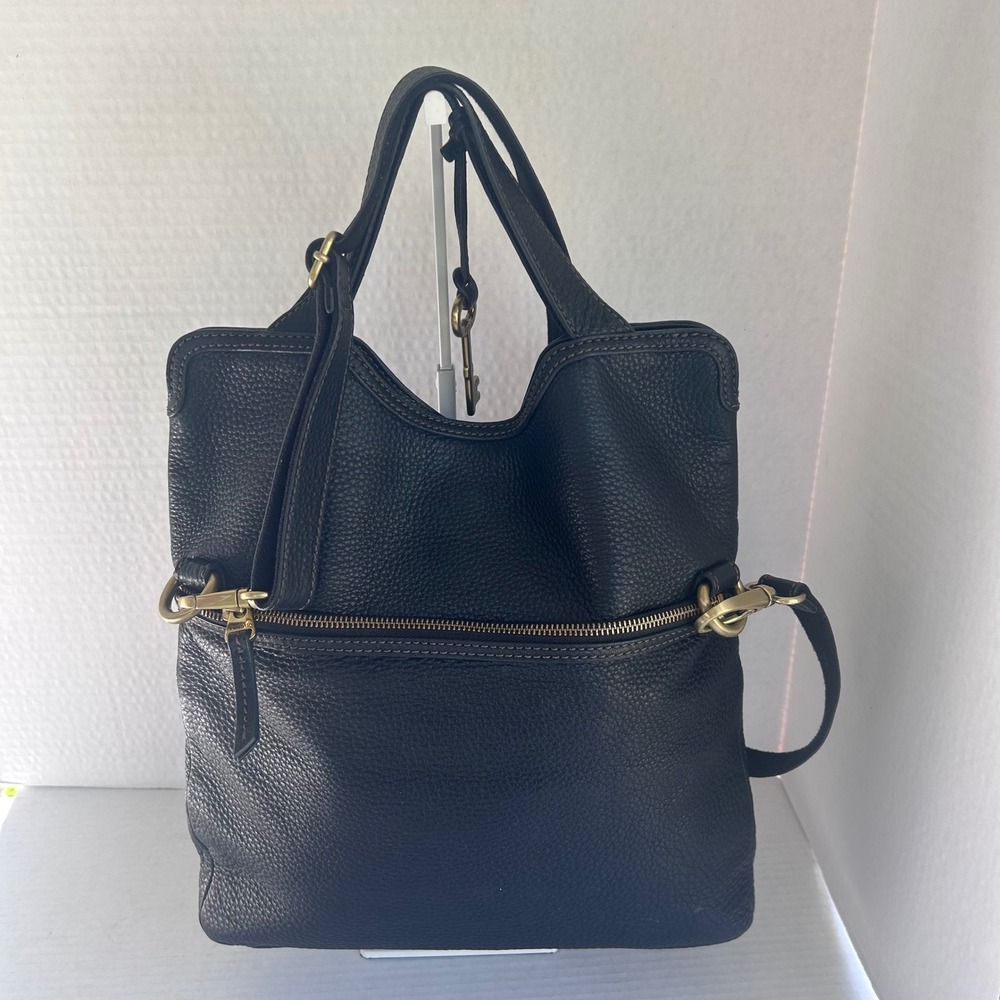 Fossil‎ Eric Foldover Tote Bag Women Large Black Pebbled Leather Crossbody - Picture 2 of 11